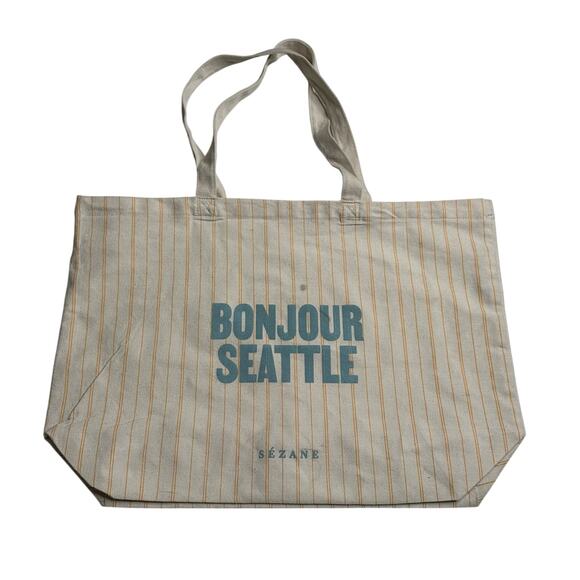 SEZANE Bonjour Seattle Canvas Tote Shopping Bag Striped Paris Reusable Earthy - Picture 1 of 7
